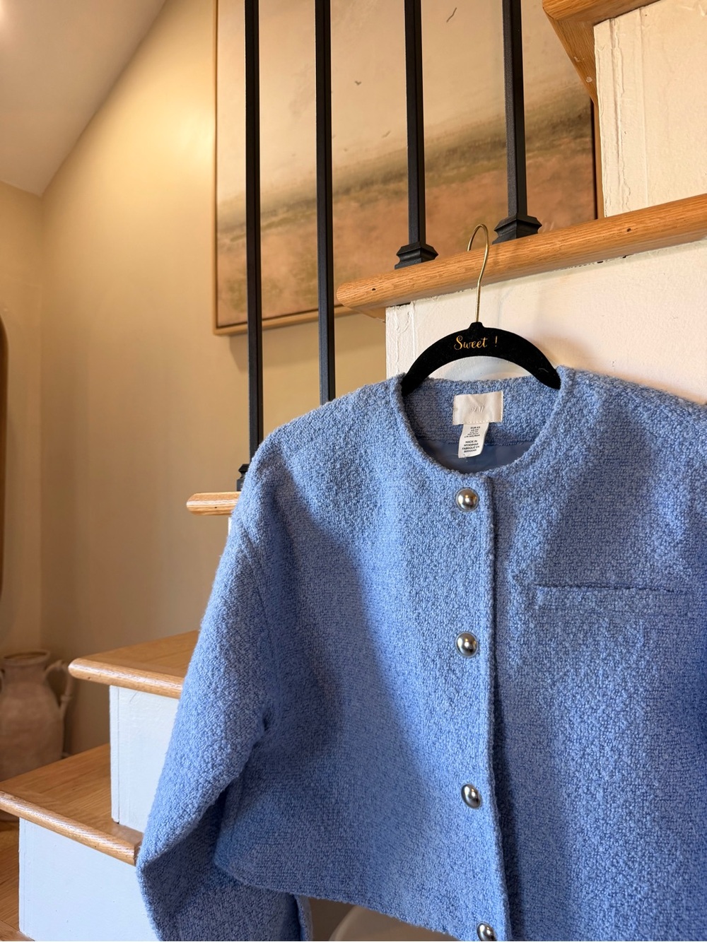 H&M Light Blue Bouclé Cropped Jacket with Pearl Buttons